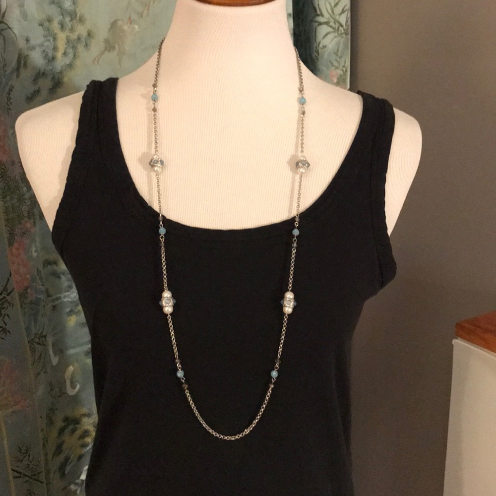 🌟HP🌟 Long Pearl and Blue Bead Layering  Necklace